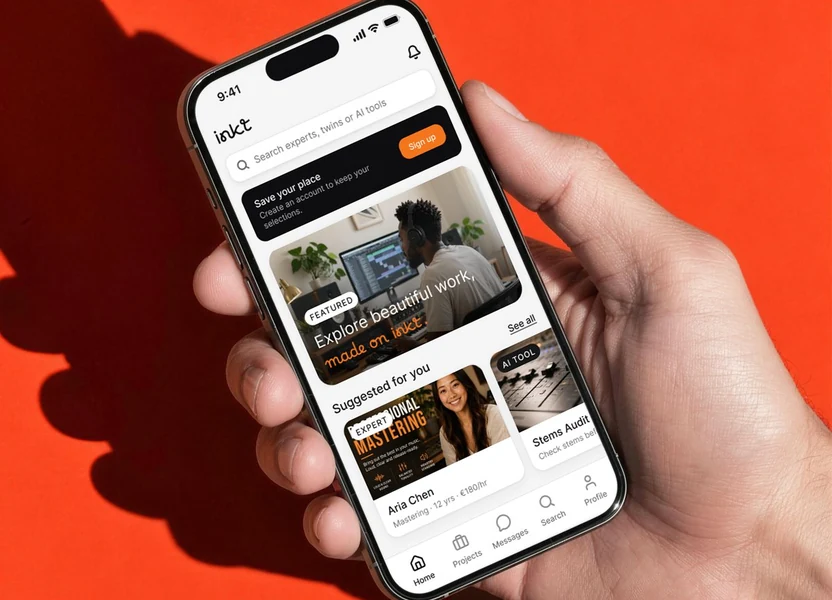 Inkt marketplace app interface design shown on a phone against an orange background