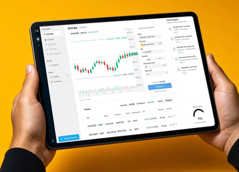 TradeCaddy trading bot dashboard interface design shown on a tablet against an amber background