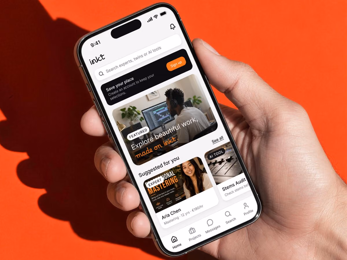 Inkt mobile app screens showing the creator platform interface and its brand identity.