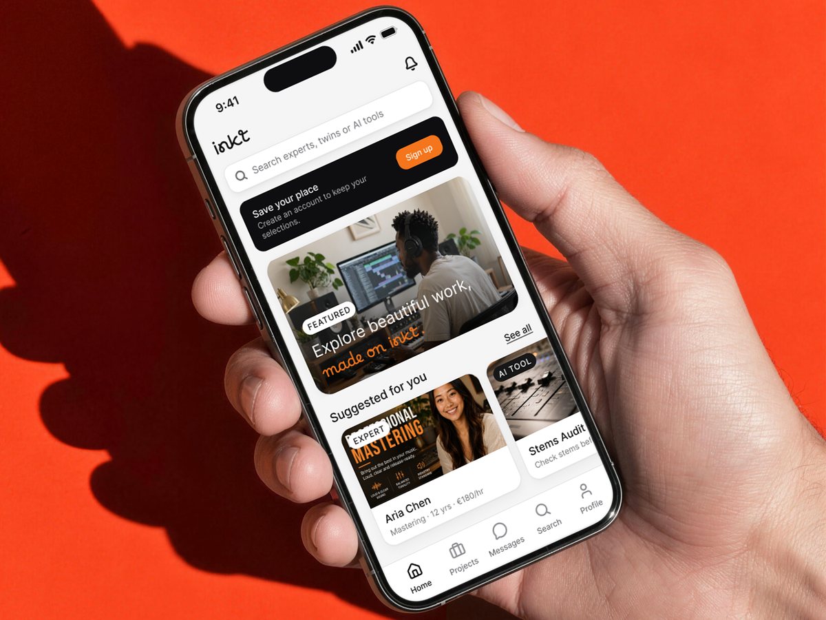 Inkt mobile app screens showing the creator platform interface and its brand identity.
