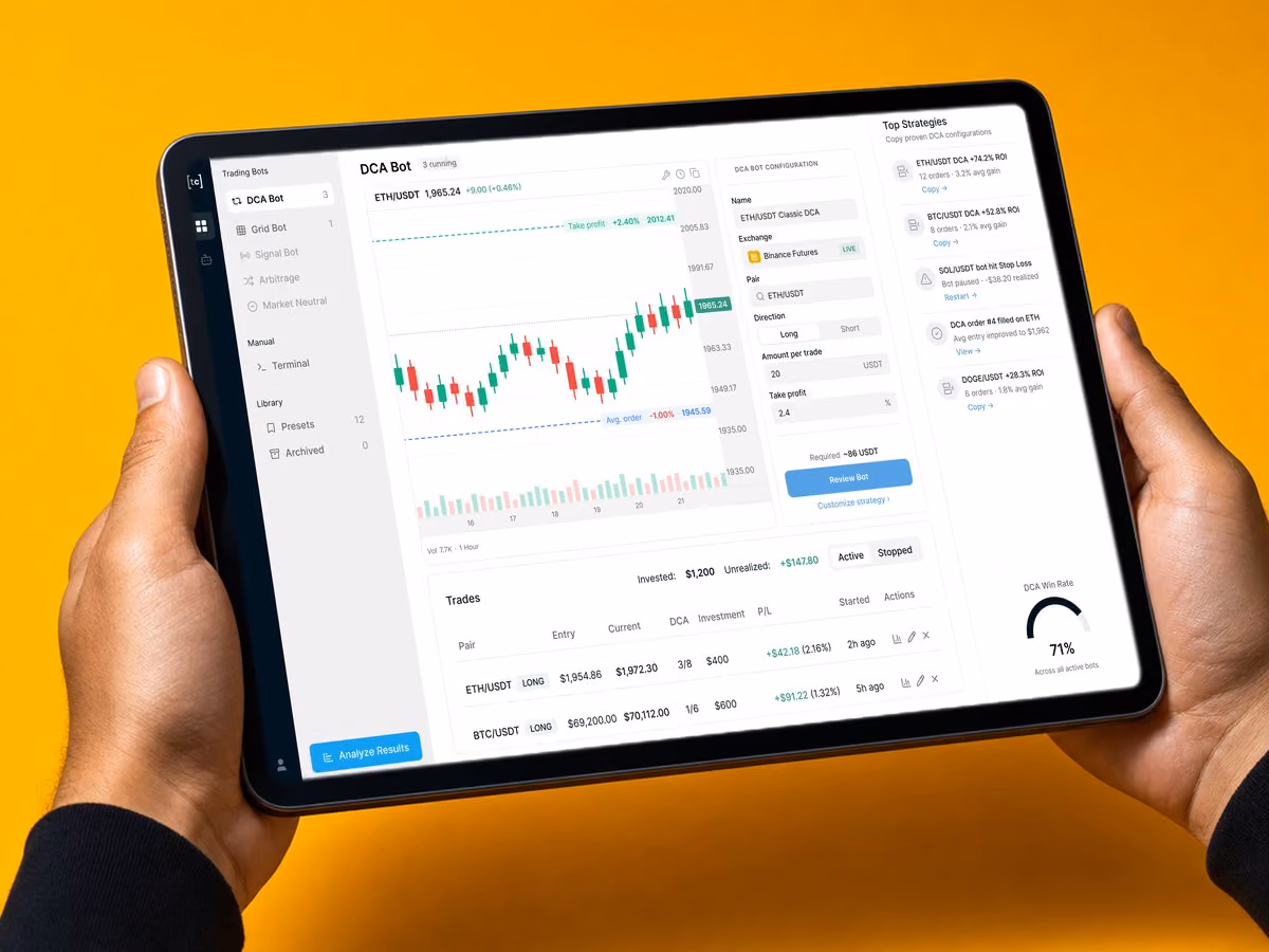 TradeCaddy crypto trading interface showing the manual terminal alongside automated bot panels.