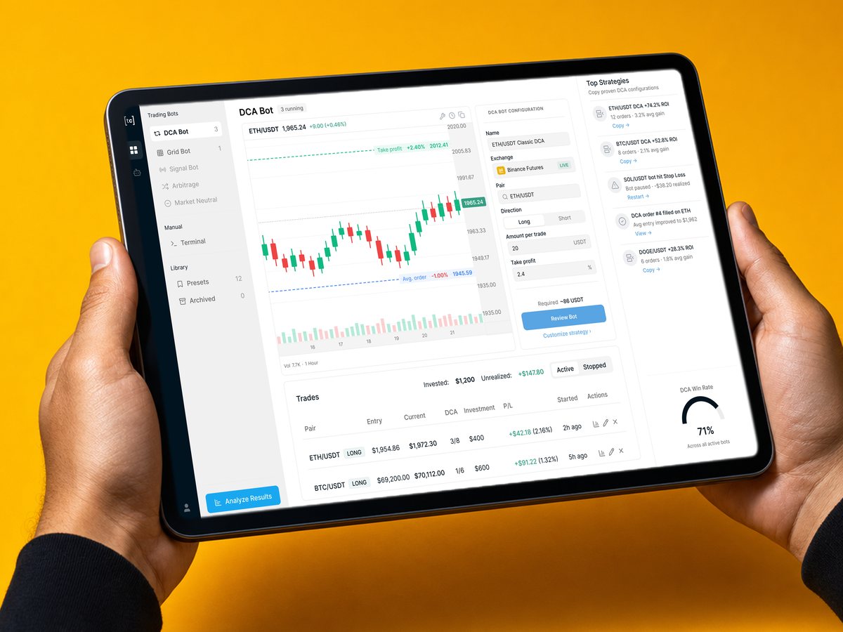 TradeCaddy crypto trading interface showing the manual terminal alongside automated bot panels.
