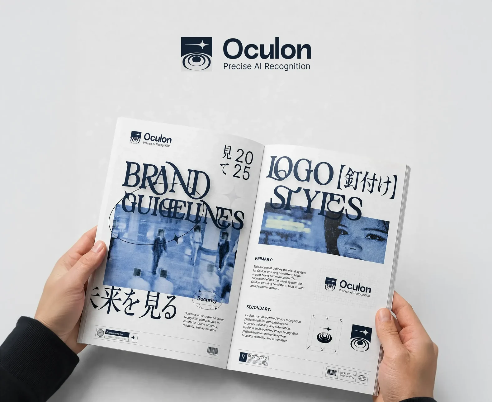 Hands holding open brochure of Oculon brand guidelines and logo styles with text and images.