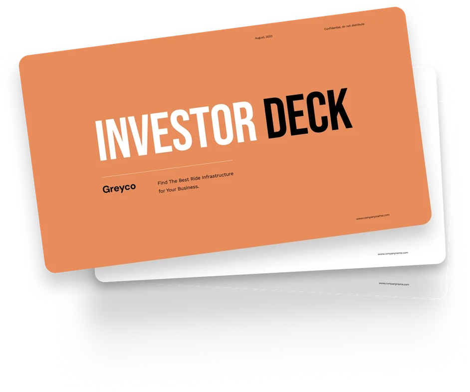 Stack of investor deck presentation slides with an orange cover titled INVESTOR DECK by Greyco.