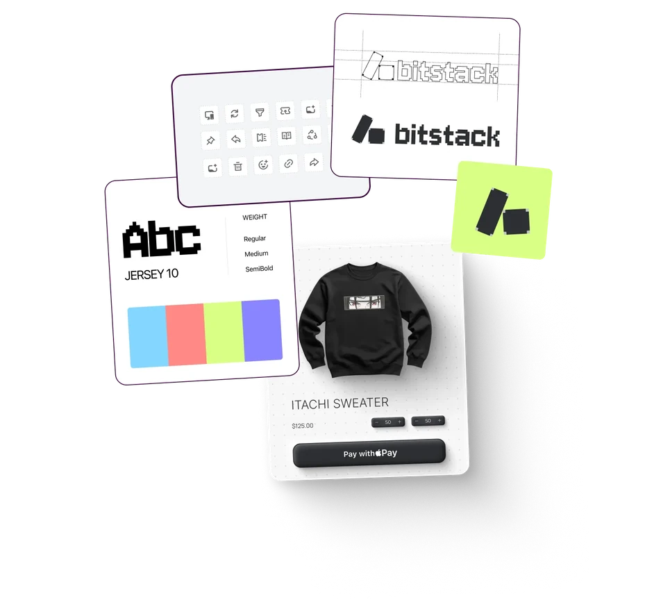 Design elements showing pixel-style font named Jersey 10, Bitstack logo, icons, and a black Itachi sweater priced at $125.