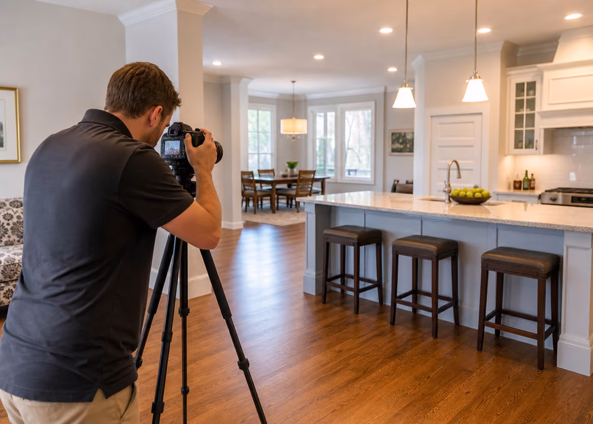 Photographer taking pictures of a modern kitchen and dining area with hardwood floors and bar stools.