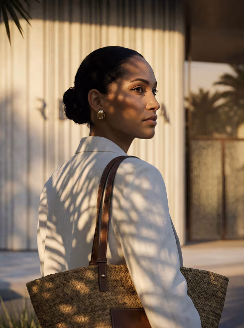 Woman with hair in bun wearing gold earrings and white jacket carrying woven bag outdoors at sunset.