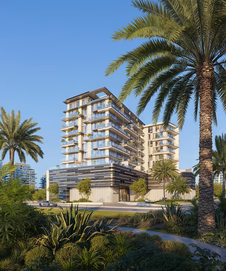 Modern multi-story apartment building with balconies surrounded by palm trees and lush greenery.