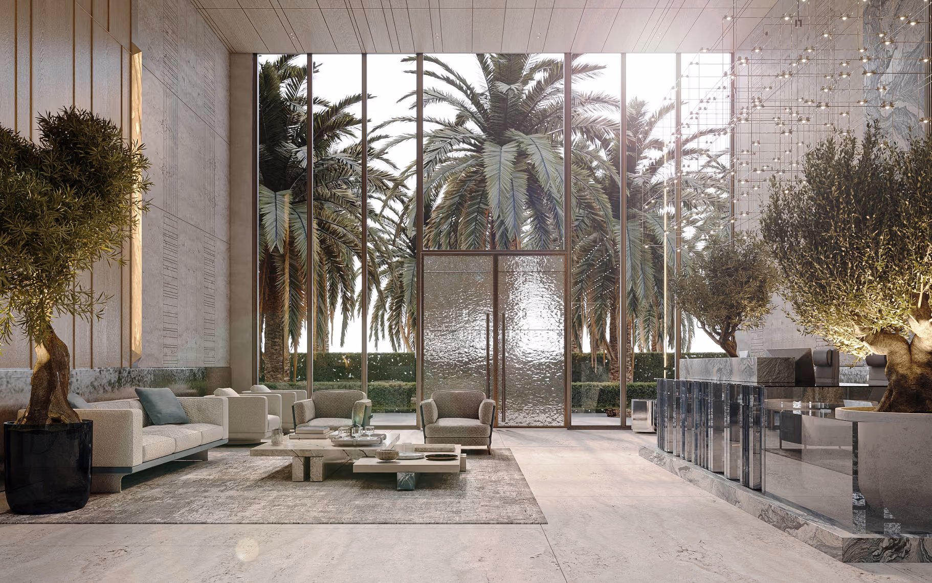 Modern lobby with large glass doors, palm trees outside, seating area, and decorative plants indoors.