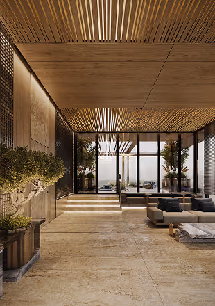 Modern lounge with wood-paneled ceiling, large windows, plants, and minimalist furniture.