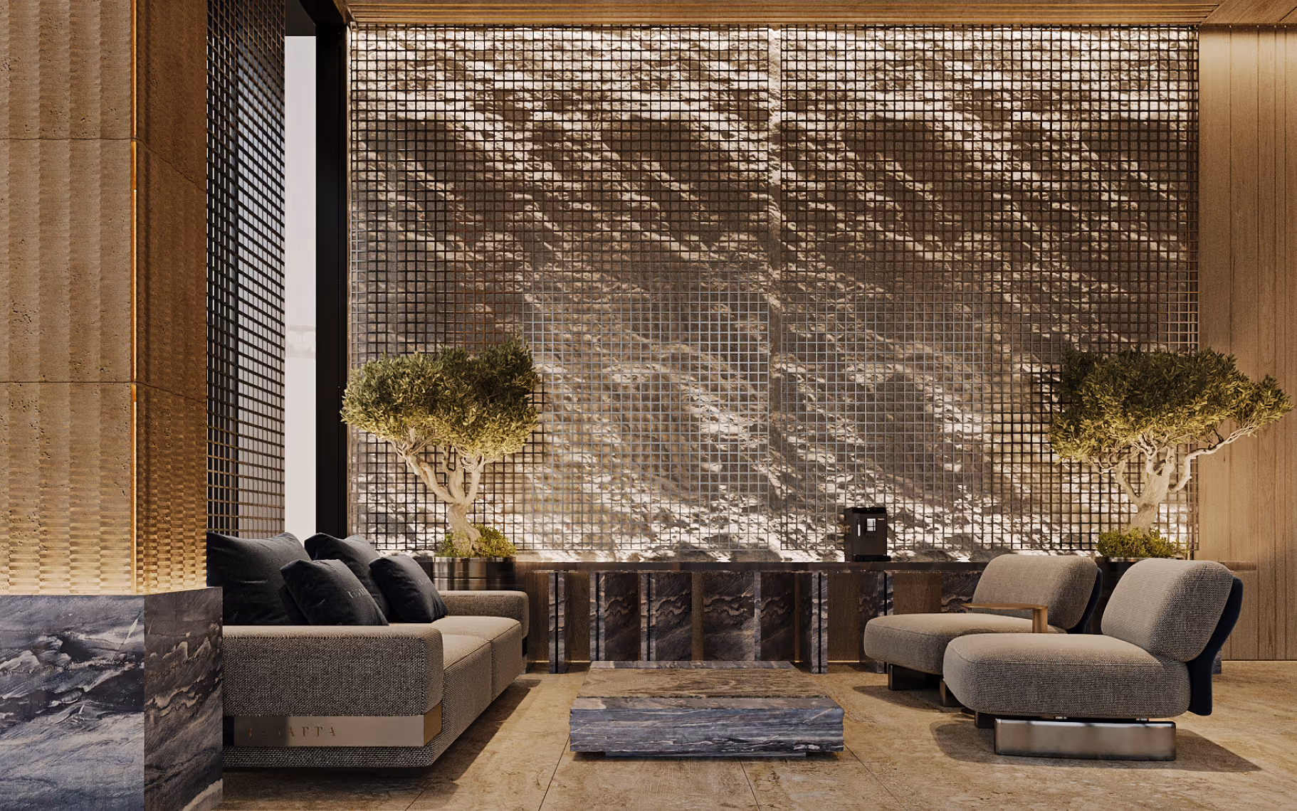 Modern lounge with beige sofas, marble coffee table, green plants, and textured wall with grid design.