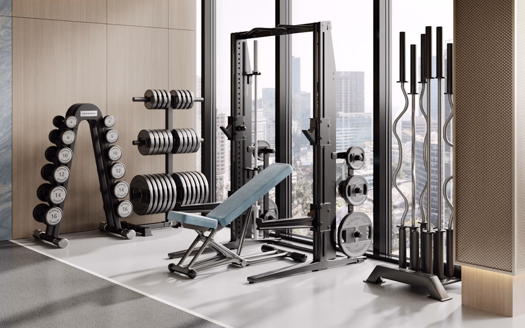 Modern gym corner with weight plates, dumbbells, adjustable bench, and large windows showing cityscape.