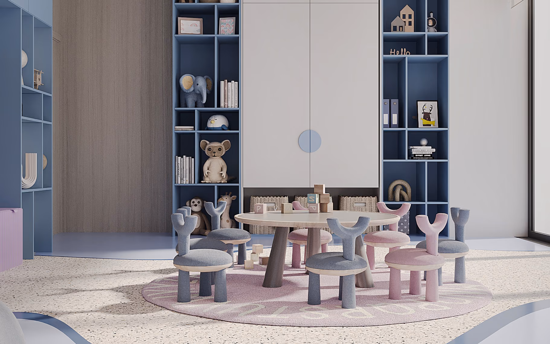 Children's playroom with round table, blue and pink chairs, toys, and shelves with stuffed animals.