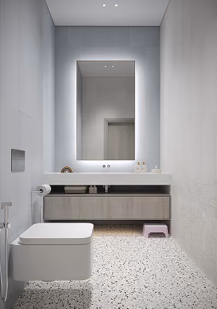 Minimalist bathroom with a floating toilet, illuminated rectangular mirror, and terrazzo floor.