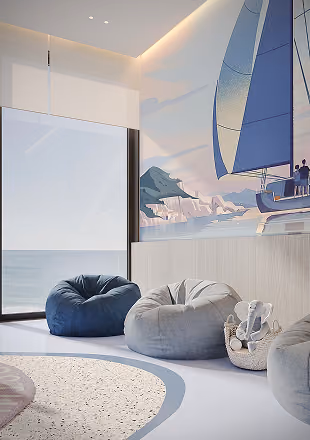 Children's room with bean bags, a basket with a teddy bear, and a large sailboat mural on the wall.