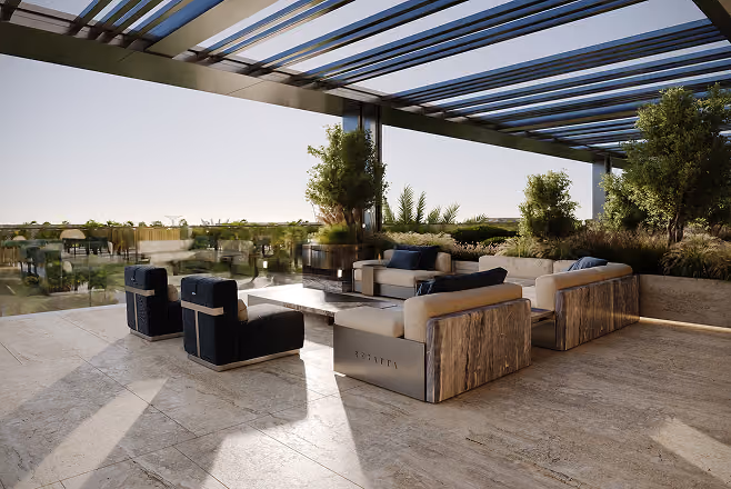 Modern outdoor lounge area with beige sofas, black chairs, plants, and a pergola roof.