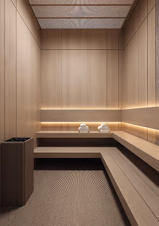Minimalist wooden sauna room with bench seating, ambient lighting, and two towel stacks.