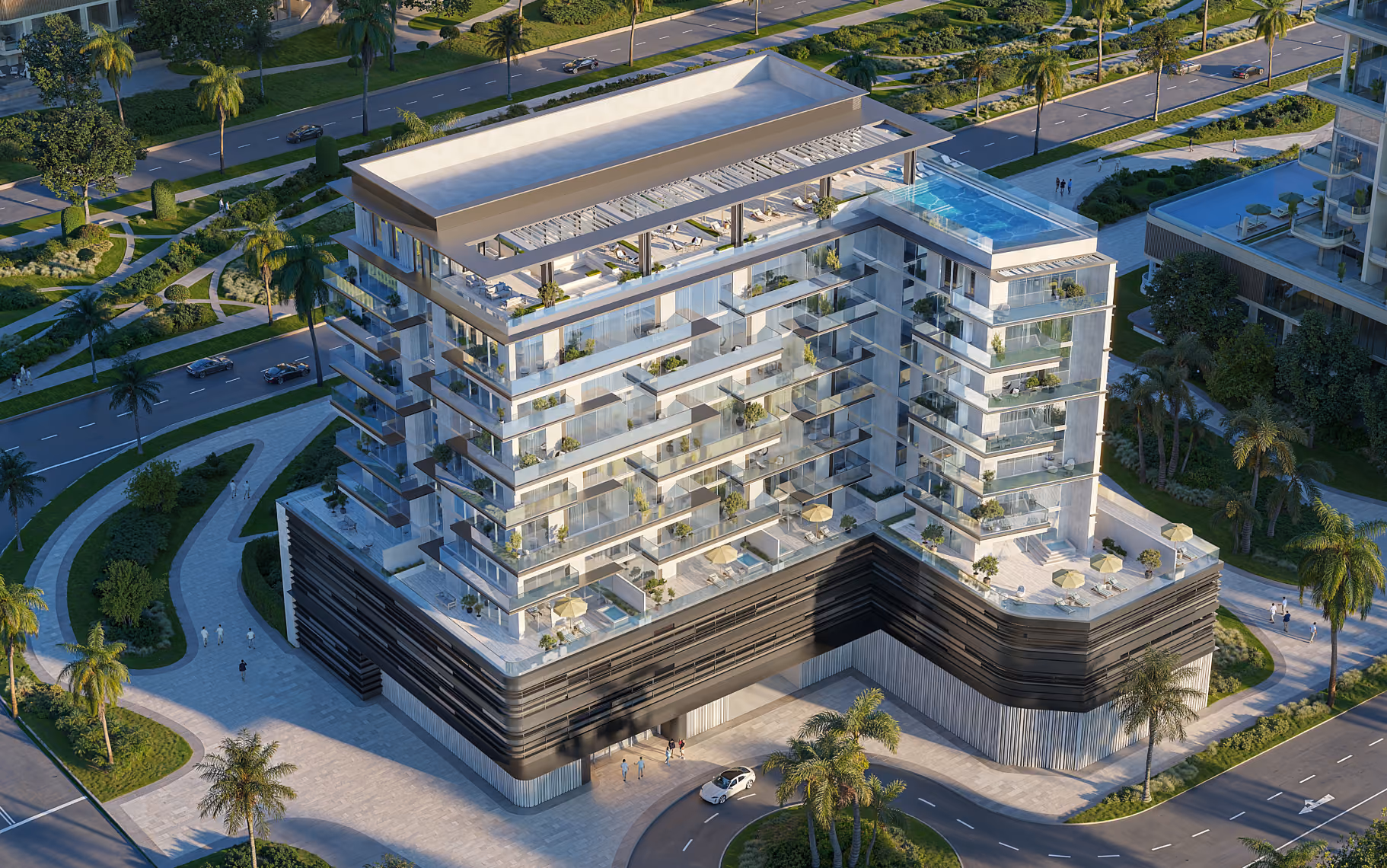 Modern multi-story residential building with balconies, rooftop pool, and landscaped surroundings in urban area.