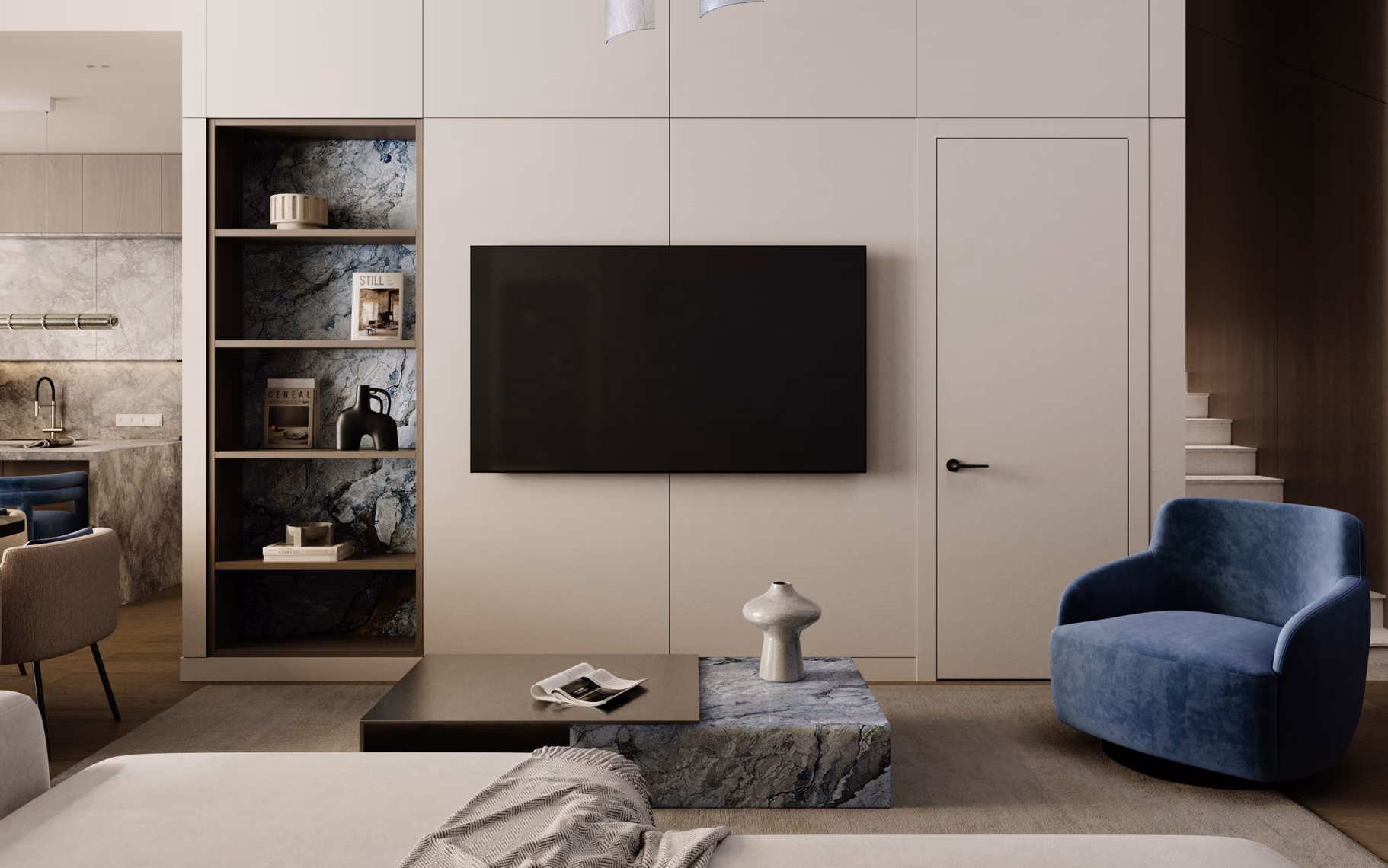 Modern living room with beige walls, mounted TV, blue armchair, and coffee table with vase and magazine.