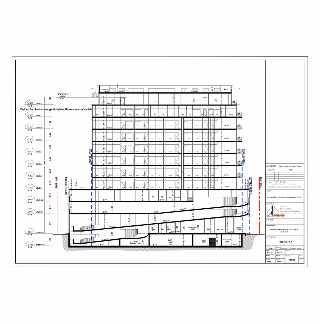 Architectural cross-section blueprint of a multi-level residential building with labeled floors and facilities.