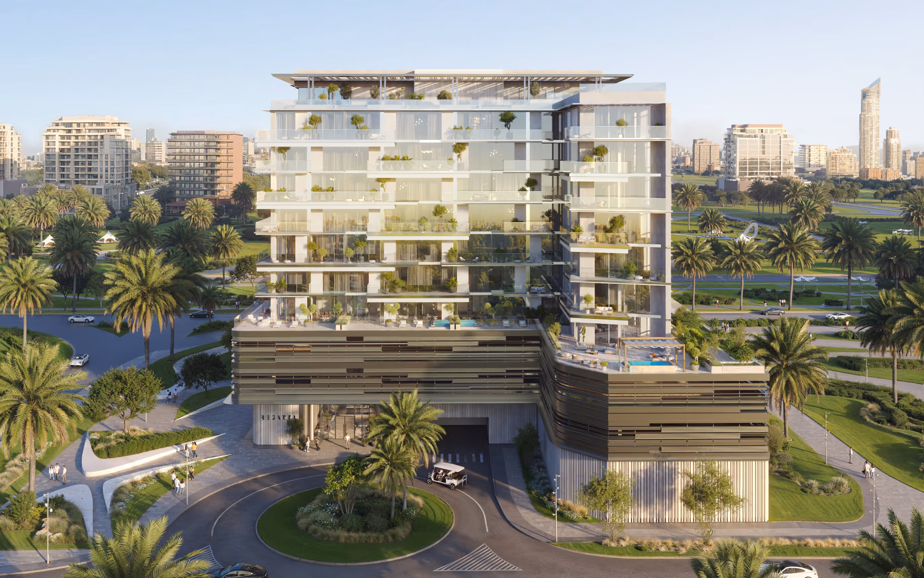 Modern multi-story glass building with balconies and greenery surrounded by palm trees and cityscape.