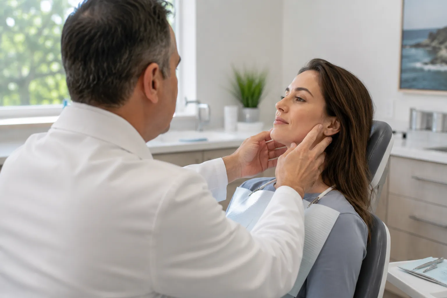 Dentist examining jaw movement during a TMJ evaluation at Dentiq Dentistry in Houston, TX