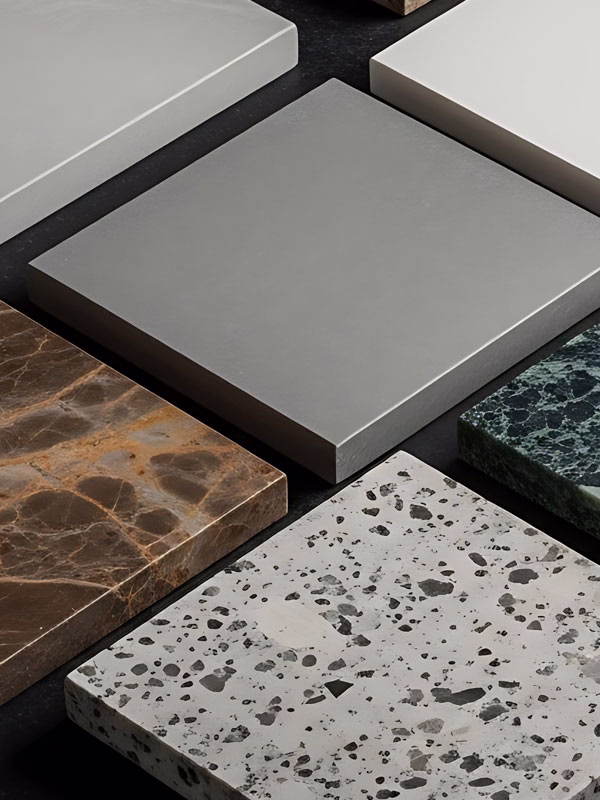 Close-up of six square stone and tile samples arranged on a dark surface, featuring various textures including smooth gray, speckled white with black spots, green marble, and brown marble with veins.