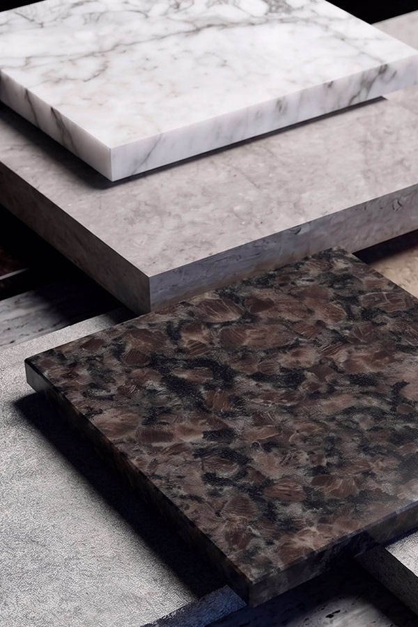 Three rectangular stone slabs stacked in a staggered arrangement with visible thickness; top slab is white with gray veining, middle slab is light gray with subtle patterns, and bottom slab has a dark, mottled mix of brown and black tones.