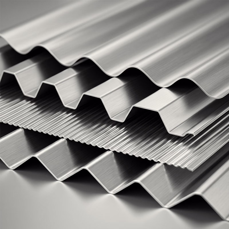 Stacked corrugated aluminum sheets with various ridge shapes and fine vertical ridges, showing metallic texture and reflections.