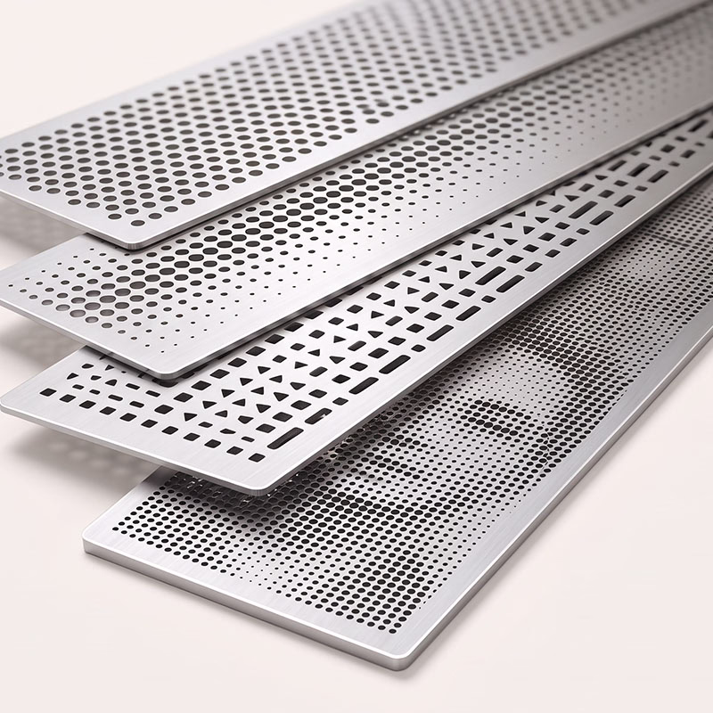 Four aluminum perforated panels arranged in a staggered stack, each with different hole patterns including circles, squares, elongated holes, and a variable dot pattern.