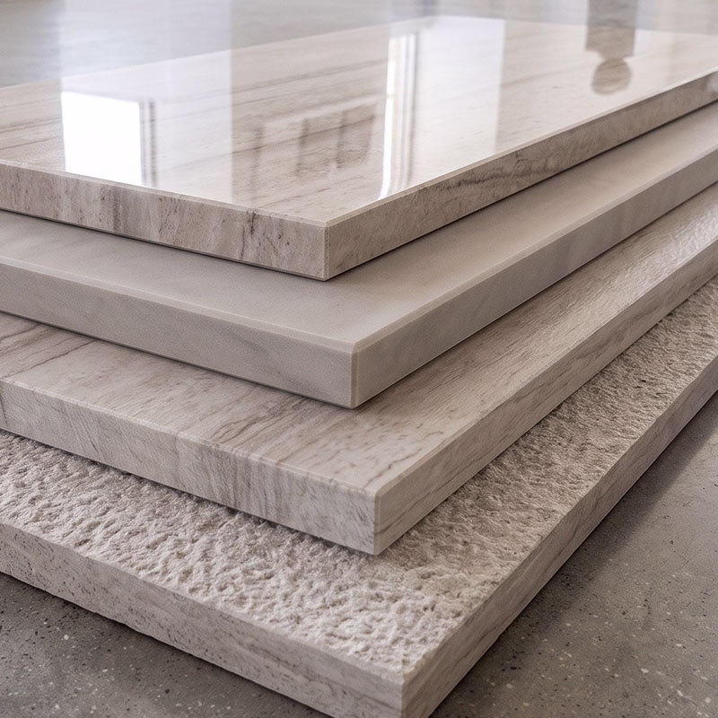 Stack of four rectangular beige porcelain slabs displaying different finishes: glossy, smooth matte, natural stone, and rough textured surface.