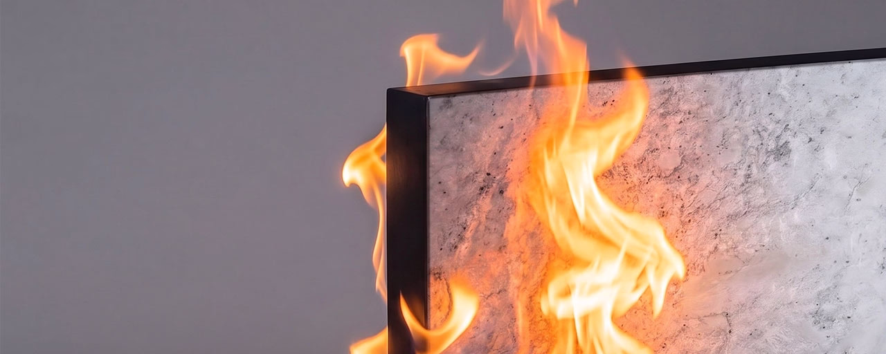 Close-up of flames engulfing the edge of a rectangular, stone-textured panel against a gray background.