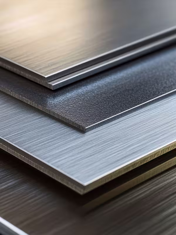 Close-up view of five stacked metal sheets with different textures, including brushed and matte finishes, showing edges and surface details.