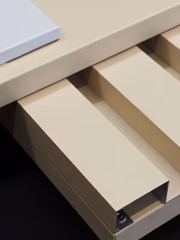 Close-up view of beige-colored aluminum slats arranged parallel, part of a modern architectural or structural design with a visible screw at the corner.