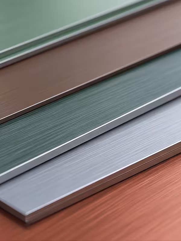 Close-up view of four rectangular aluminum sheets with brushed textures in different colors: brown, green, silver, and copper, arranged diagonally on a copper-colored surface.