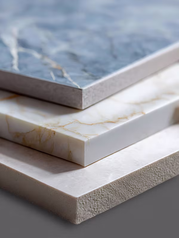 Stack of three rectangular porcelain slabs with polished surfaces and varying marble-like patterns: top slab is blue-gray with white veins, middle slab is white with golden veins, and bottom slab is off-white with a rough textured side edge.
