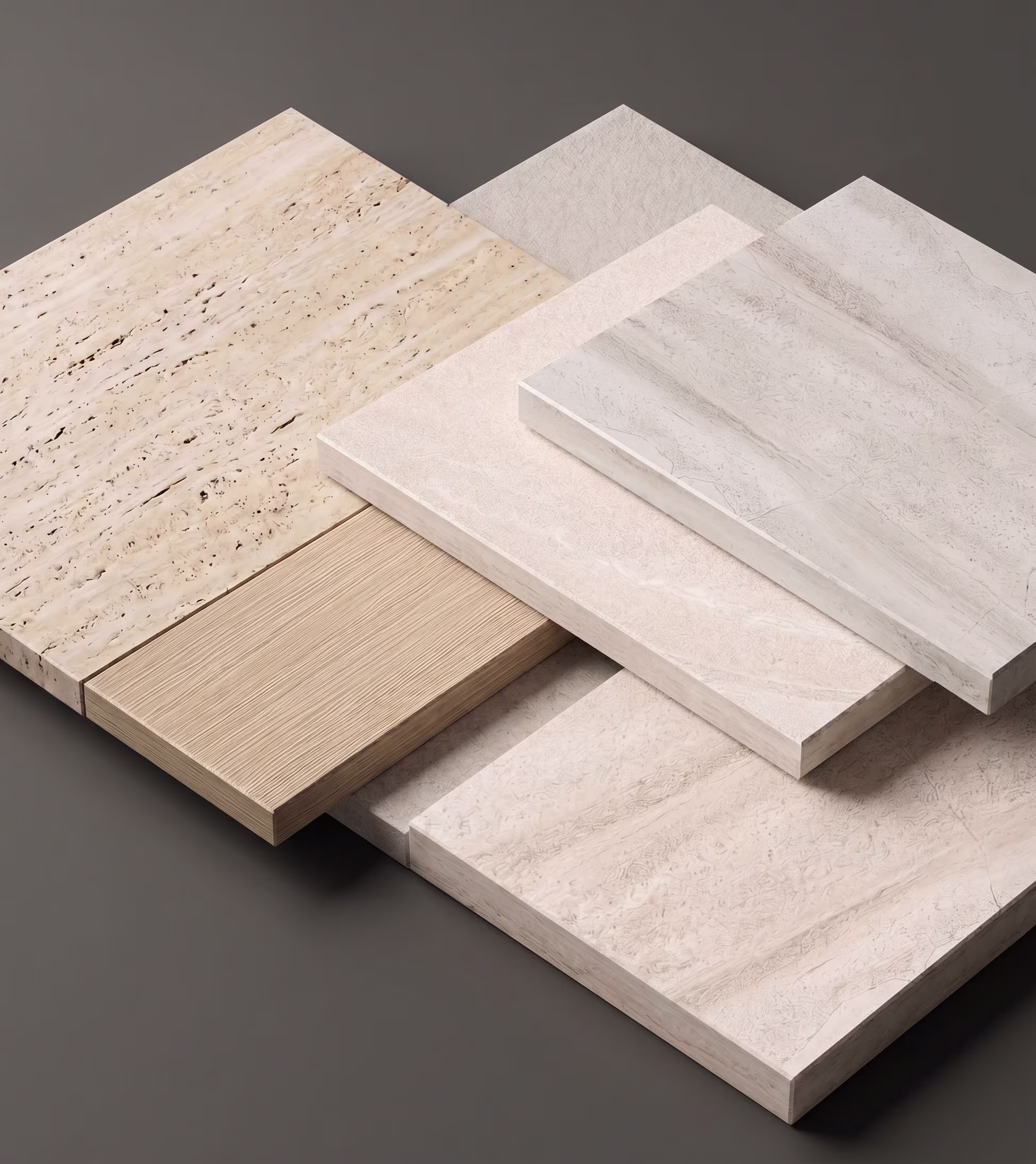 A display of six rectangular tiles arranged overlapping on a dark gray surface, featuring various light beige to cream tones with different textures and patterns resembling porcelain and wood finishes.