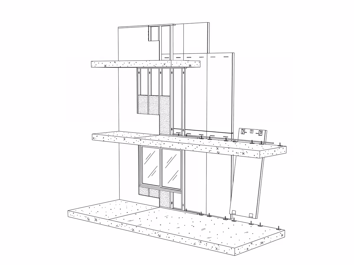 Technical architectural drawing showing a simplified sectional view of a building with three main horizontal structural slabs and vertical wall elements including framed window sections.