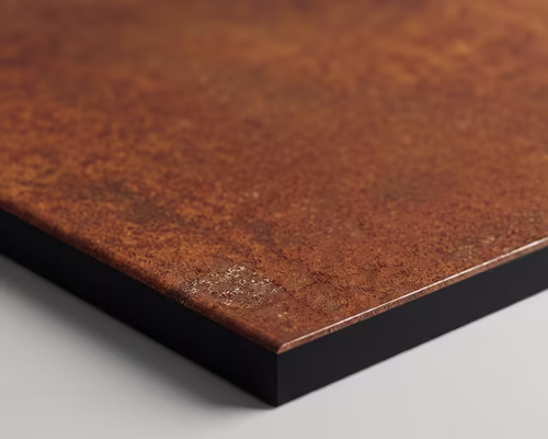 Close-up of a rectangular aluminum panel with a rusty, weathered surface texture and sharp edges on a white background.