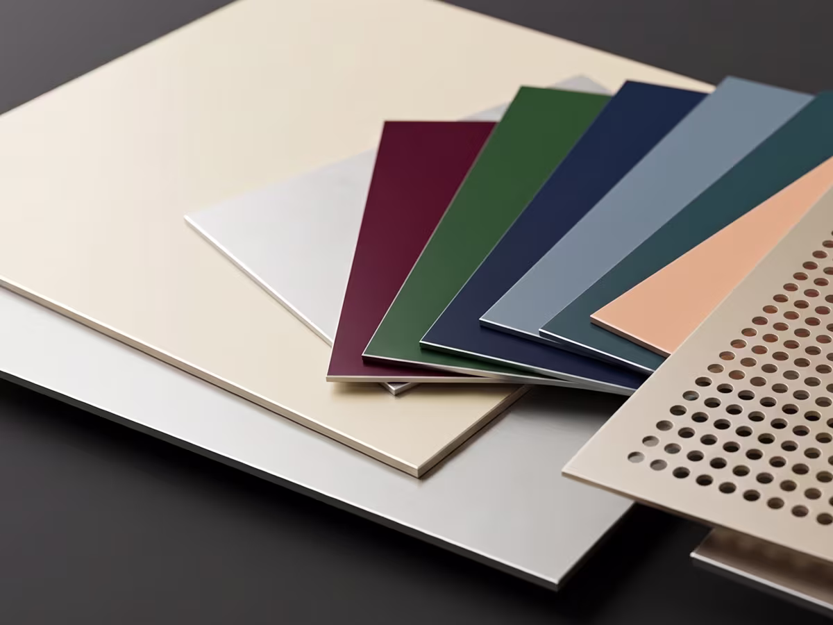 Stack of rectangular metal sheets in various colors including beige, white, silver, burgundy, green, navy, blue, peach, and a perforated beige sheet on top, displayed on a dark surface.