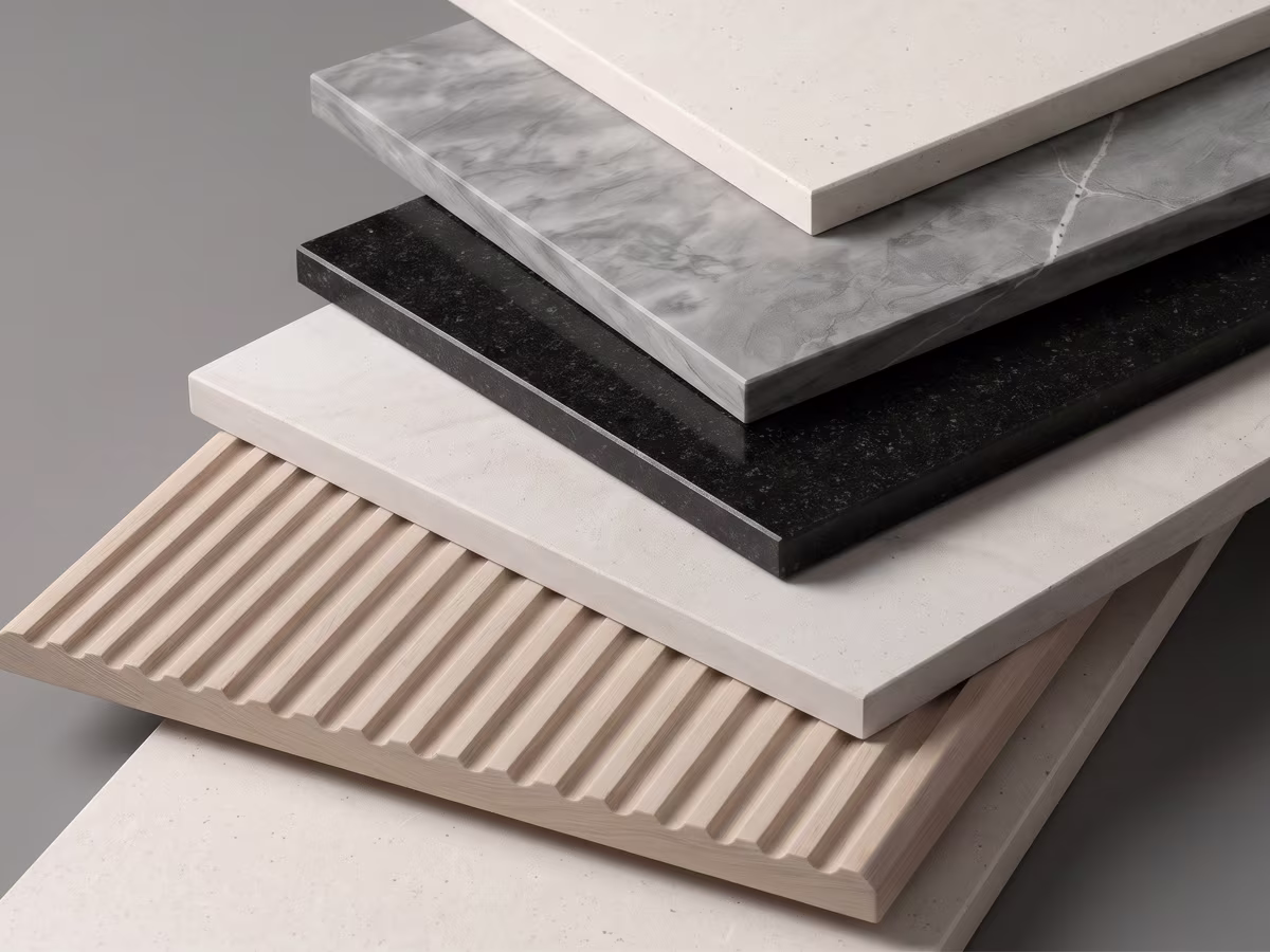 Stack of six stone slabs with different textures and colors, including smooth white, grooved beige, white with speckles, grey marble, black with subtle pattern, and off-white with small speckles.