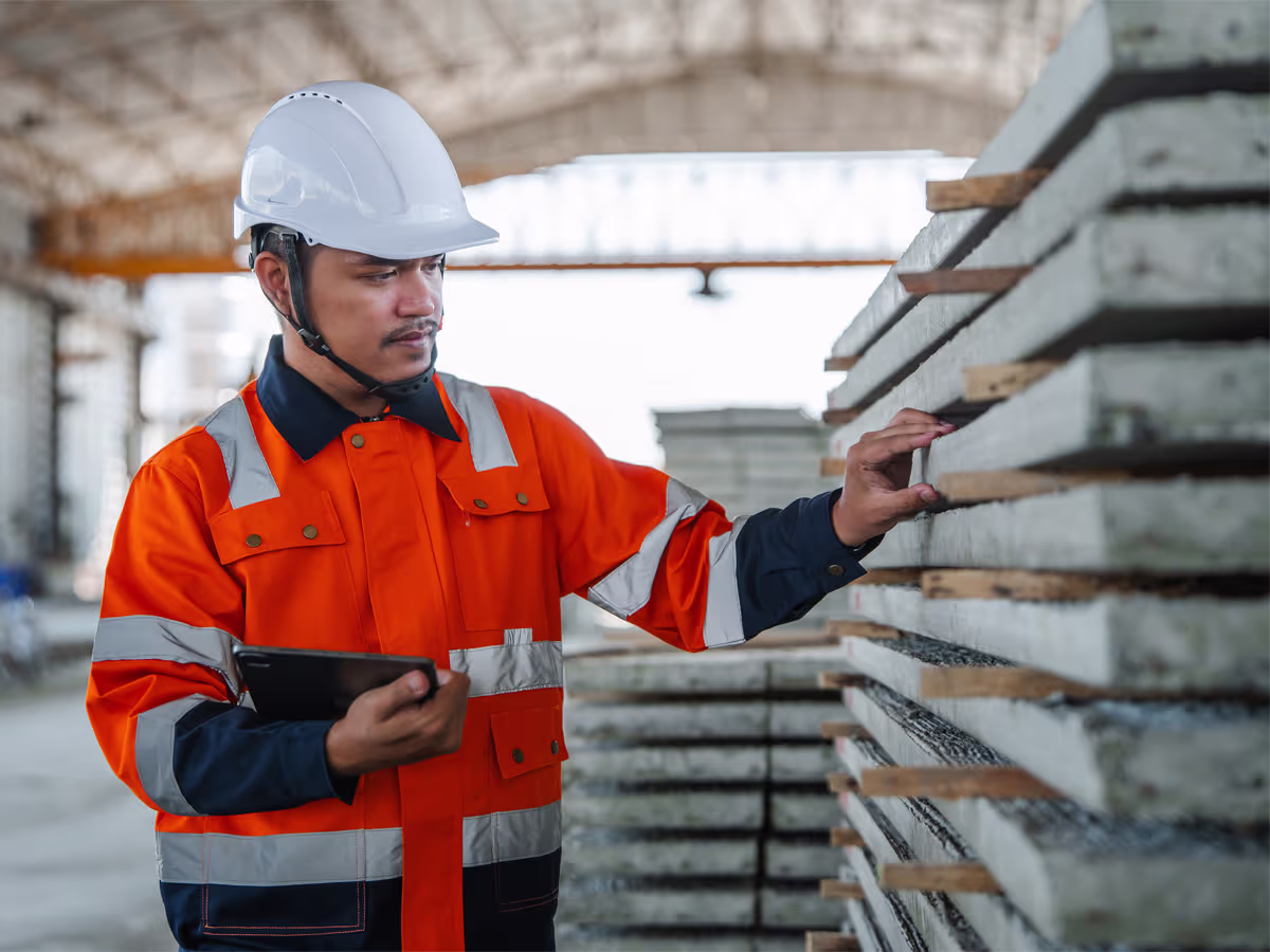 Construction worker wearing a white helmet and orange high-visibility jacket inspecting stacked concrete slabs inside a warehouse while holding a tablet.