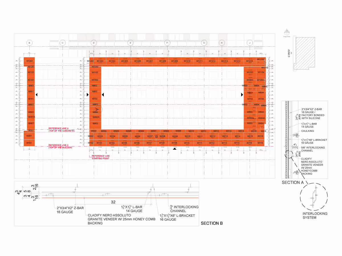 Technical architectural drawing showing a rectangular layout with labeled positions W001 to W138 highlighted in orange, indicating wall sections for installation; includes reference lines, detailed sectional views labeled Section A and Section B with specifications for Z-bar, L-bar, interlocking channel, and cladding materials such as Nero Assoluto granite veneer with 25mm honeycomb backing, and an interlocking system schematic.