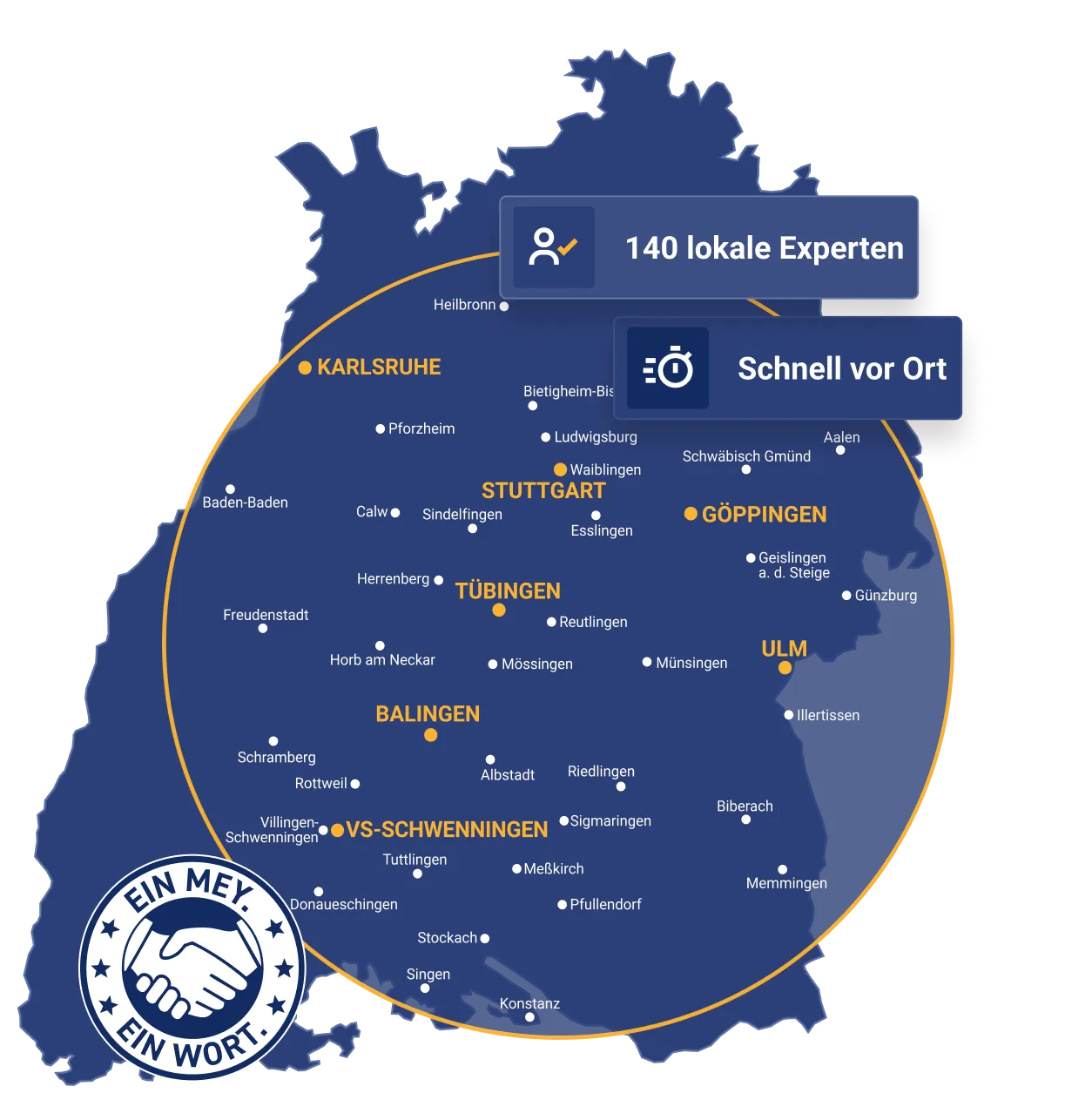 Karte von Baden-Württemberg mit den Standorten von Mey Schadenservice