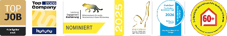 Auszeichnungen: Top Job, kununu Top Company, LEA-Nominierung, Großer Preis des Mittelstandes, CrefoZert, 60+