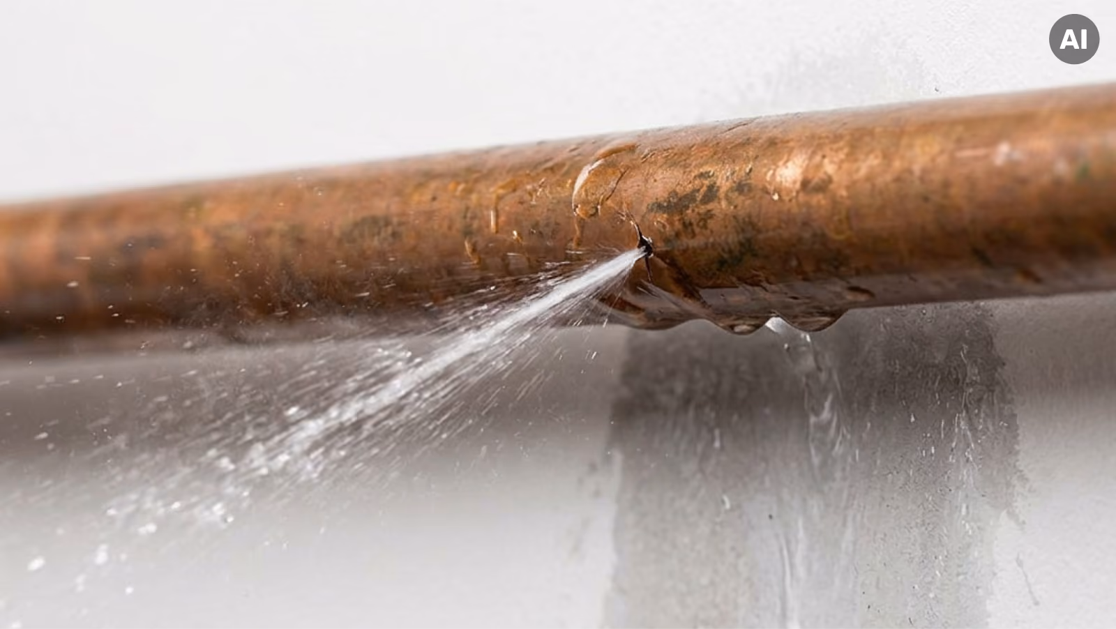 Rohrbruch: Wasser spritzt aus einem Kupferrohr