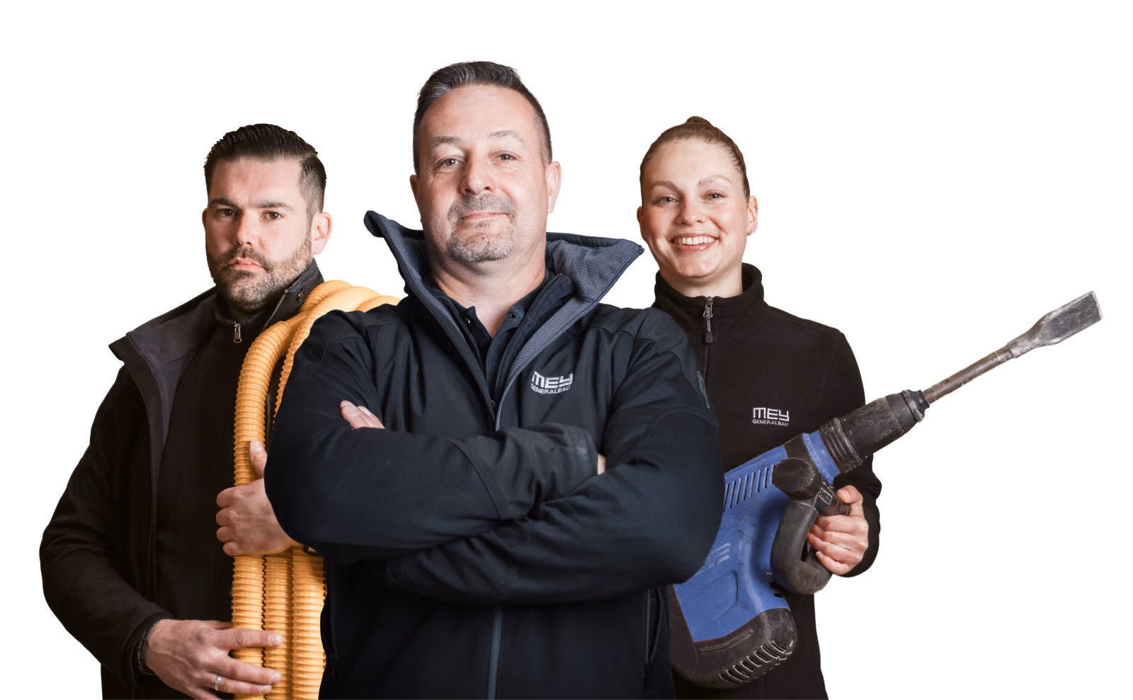 Team von Mey Schadenservice mit Trocknungsschläuchen und Stemmhammer