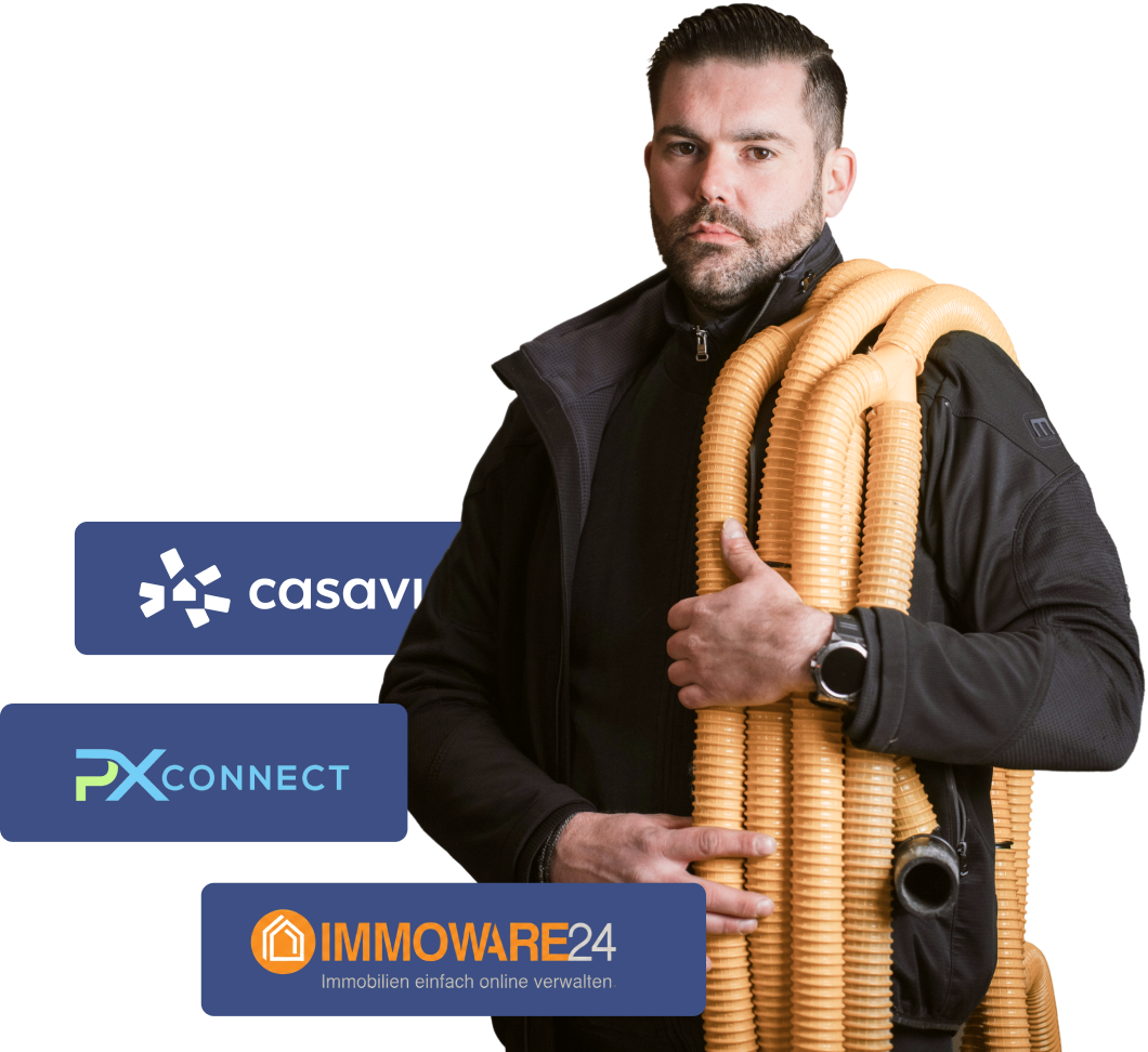 Mey-Techniker mit den Logos der Schnittstellen casavi, PX Connect und Immoware24