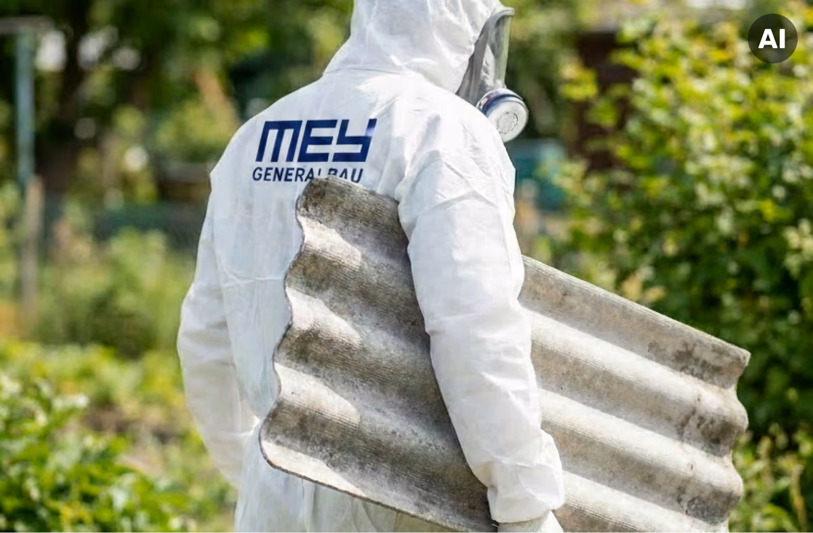 Mitarbeiter im Schutzanzug trägt Bauteile aus dem Schadensbereich