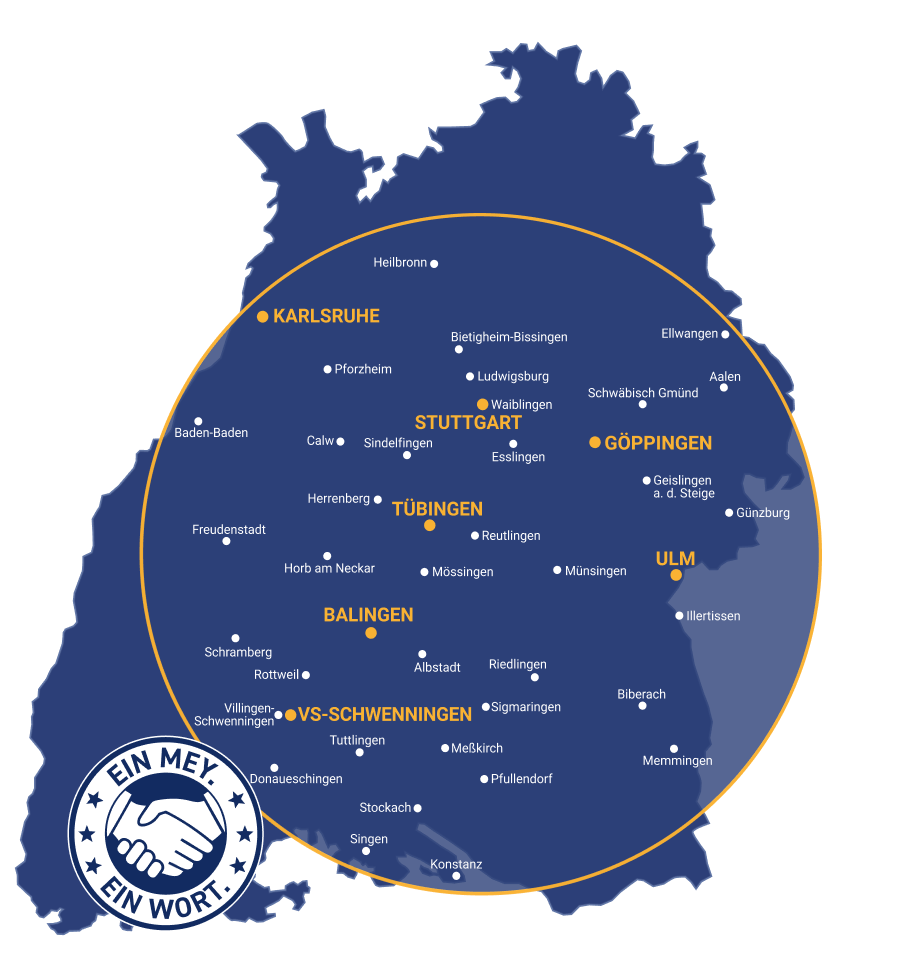 Karte von Baden-Württemberg mit den Standorten von Mey Schadenservice